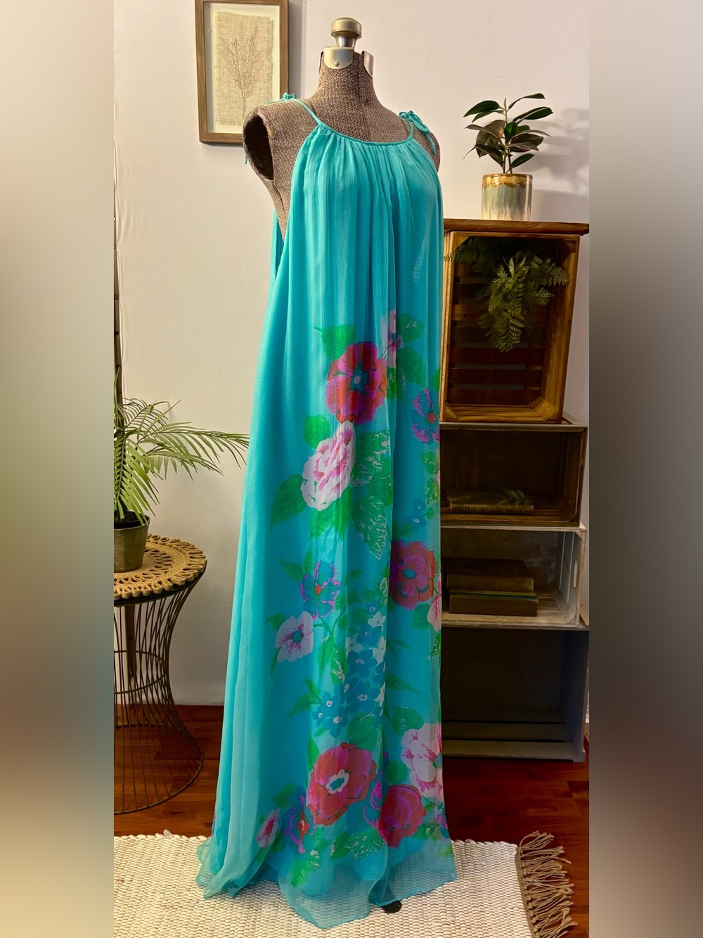 VTG 100% Silk Long Maxi Dress Caroline Charles London Sheer Floral Overlay